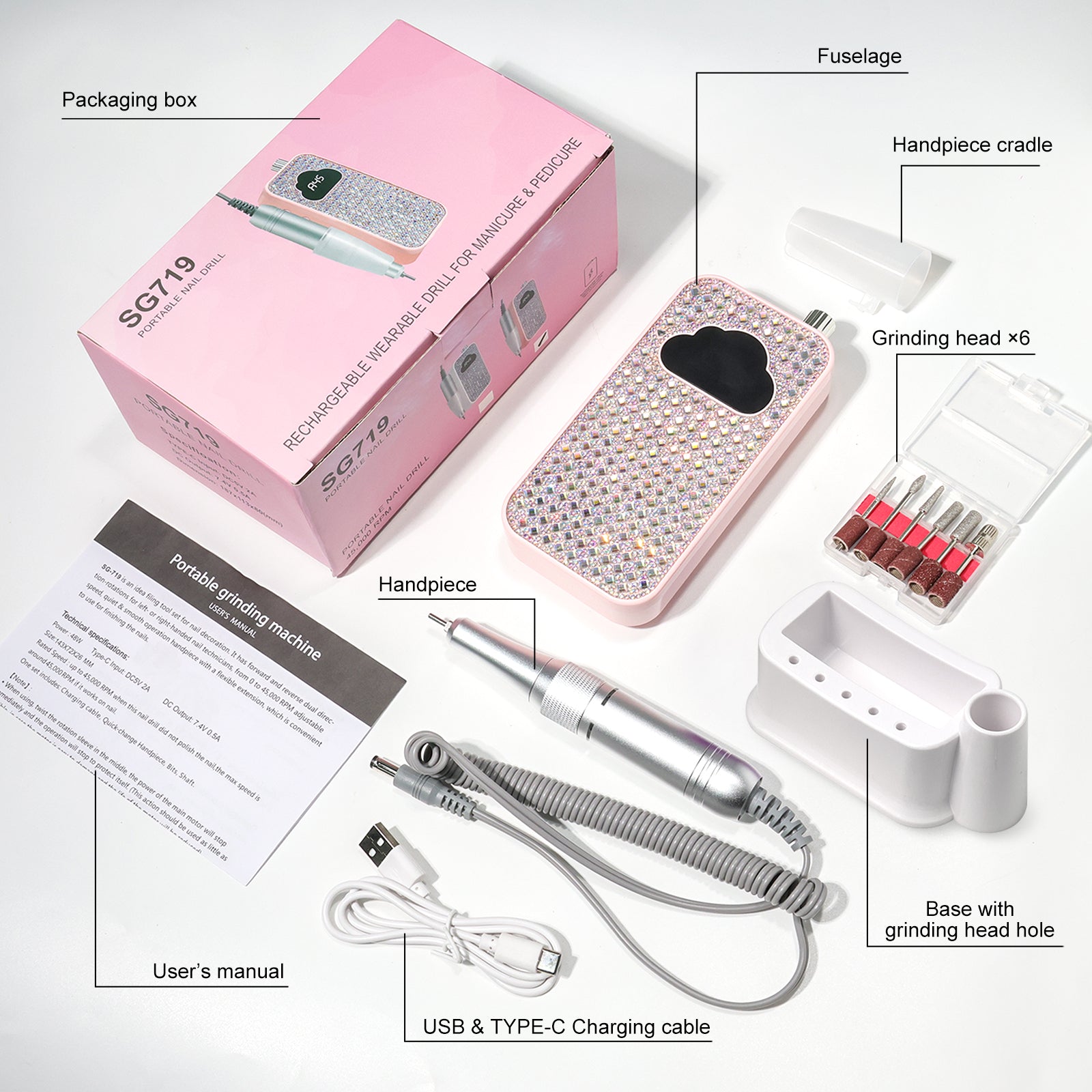 Professional Rechargeable Nail Drill Machine - 45000RPM Glitter Portable Cordless Nail Drill, Electric Nail File Kits With Bits & Base Easy Use E-File For Home & Salon Manicure Pedicure