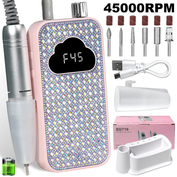 Professional Rechargeable Nail Drill Machine - 45000RPM Glitter Portable Cordless Nail Drill, Electric Nail File Kits With Bits & Base Easy Use E-File For Home & Salon Manicure Pedicure