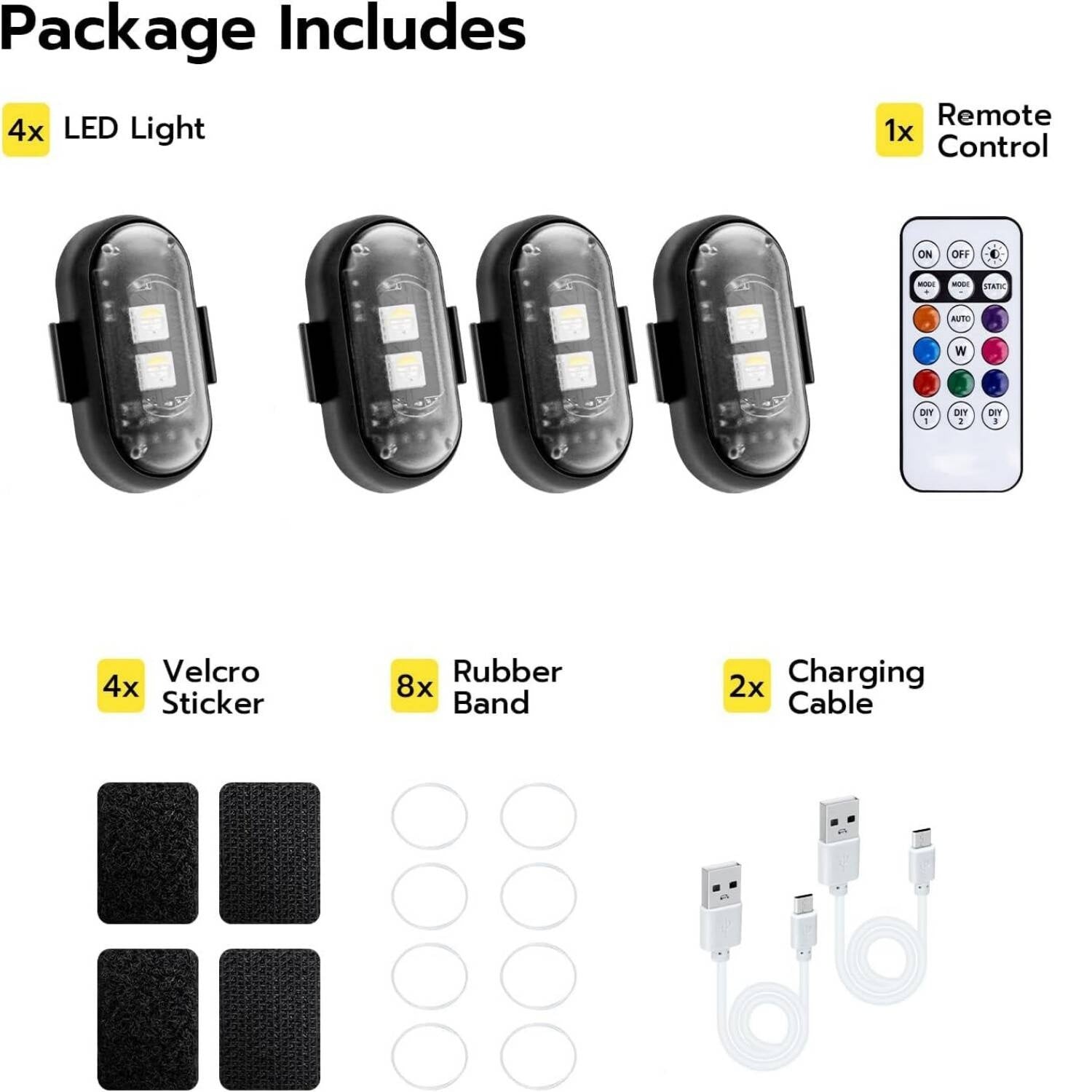 4PCS Wireless Car Interior LED Lights With Remote  7-Colour LED Lights For Signal Reminder & Decoration  Multi-Scene Use For Car Interior, Motorcycle & Temporary Needs  Portable LED Light Set