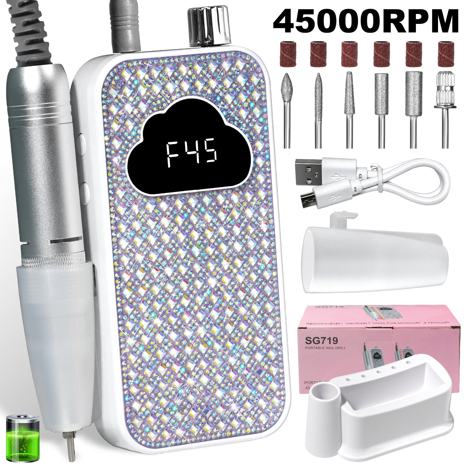 Professional Rechargeable Nail Drill Machine - 45000RPM Glitter Portable Cordless Nail Drill, Electric Nail File Kits With Bits & Base Easy Use E-File For Home & Salon Manicure Pedicure